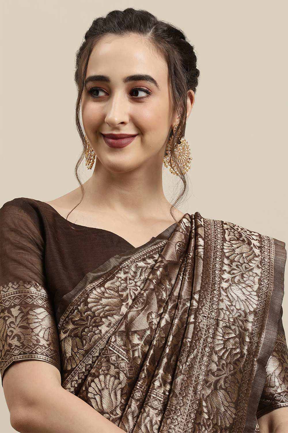 Buy Lilly Brown Woven Linen One Minute Saree Online
