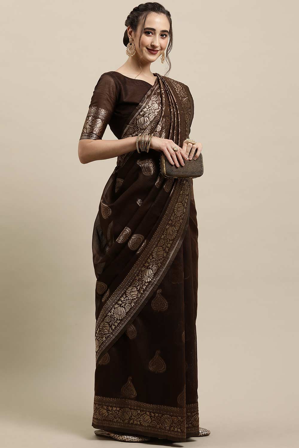Buy Lilly Brown Woven Linen One Minute Saree Online - Front