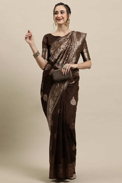Buy Lilly Brown Woven Linen One Minute Saree Online - One Minute Saree
