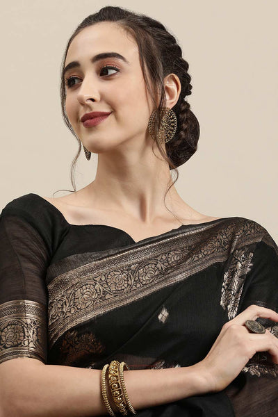 Buy Bellina Black Zari Woven Linen One Minute Saree Online