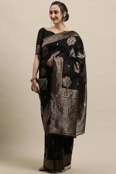 Buy Bellina Black Zari Woven Linen One Minute Saree Online - Front
