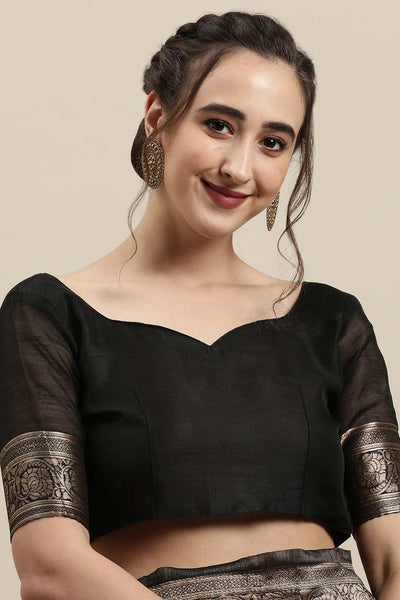 Buy Bellina Black Zari Woven Linen One Minute Saree Online - Side