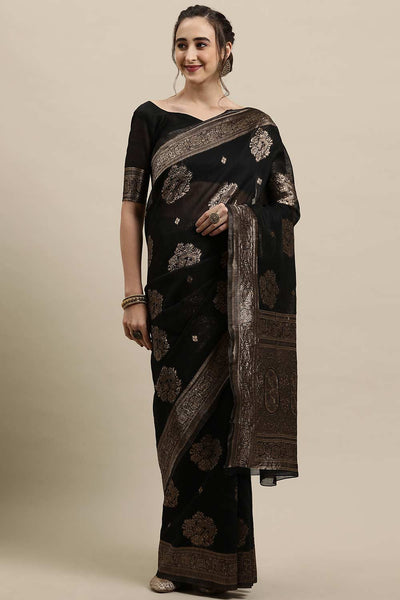 Buy Black Zari Woven Linen One Minute Saree Online