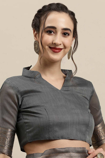 Buy Mindy Grey Zari Woven Linen One Minute Saree Online - Side