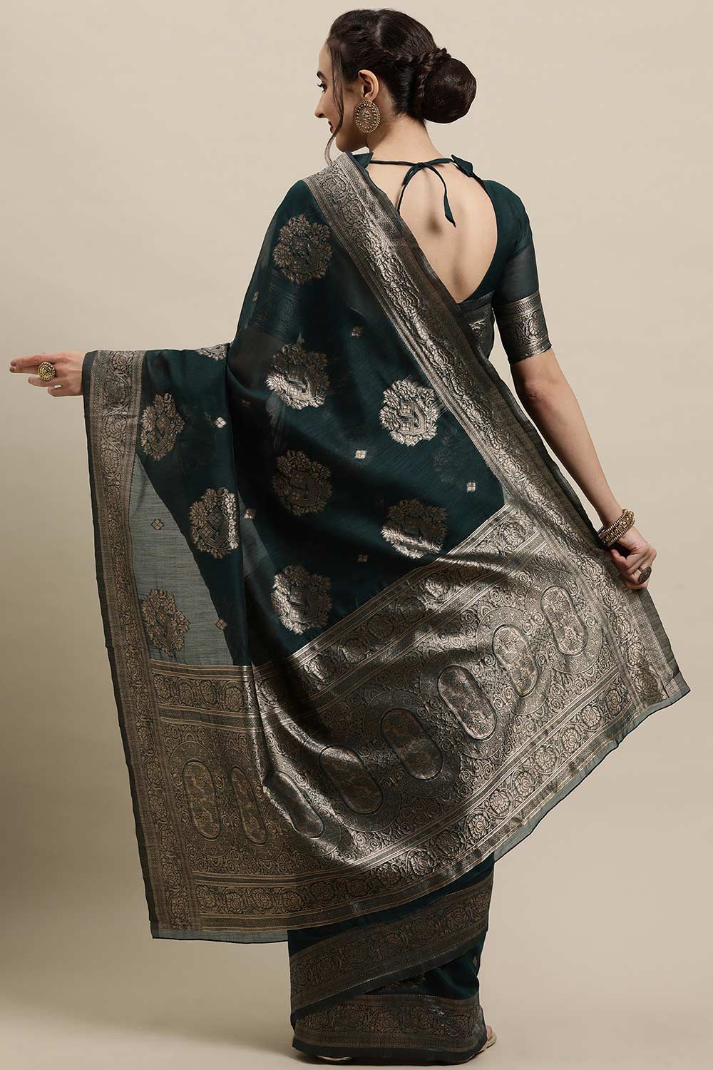 Shop Lola Green Zari Woven Linen One Minute Saree at best offer at our  Store - One Minute Saree