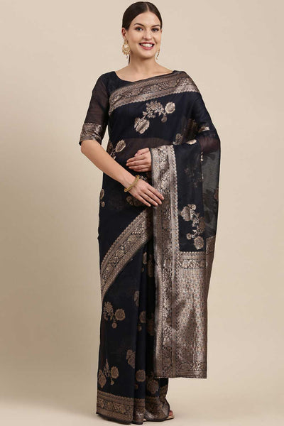 Buy Urja Navy Blue Floral Blended Linen One Minute Saree Online - One Minute Saree