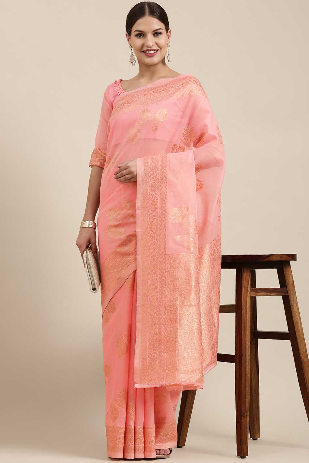 Buy Kiku Peach Floral Woven Blended Linen One Minute Saree Online