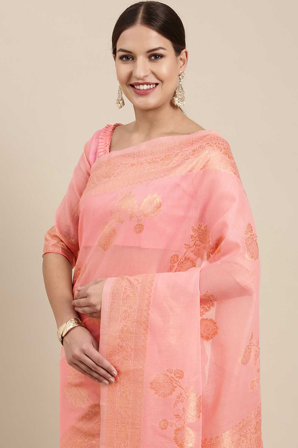 Buy Kiku Peach Floral Woven Blended Linen One Minute Saree Online - Back