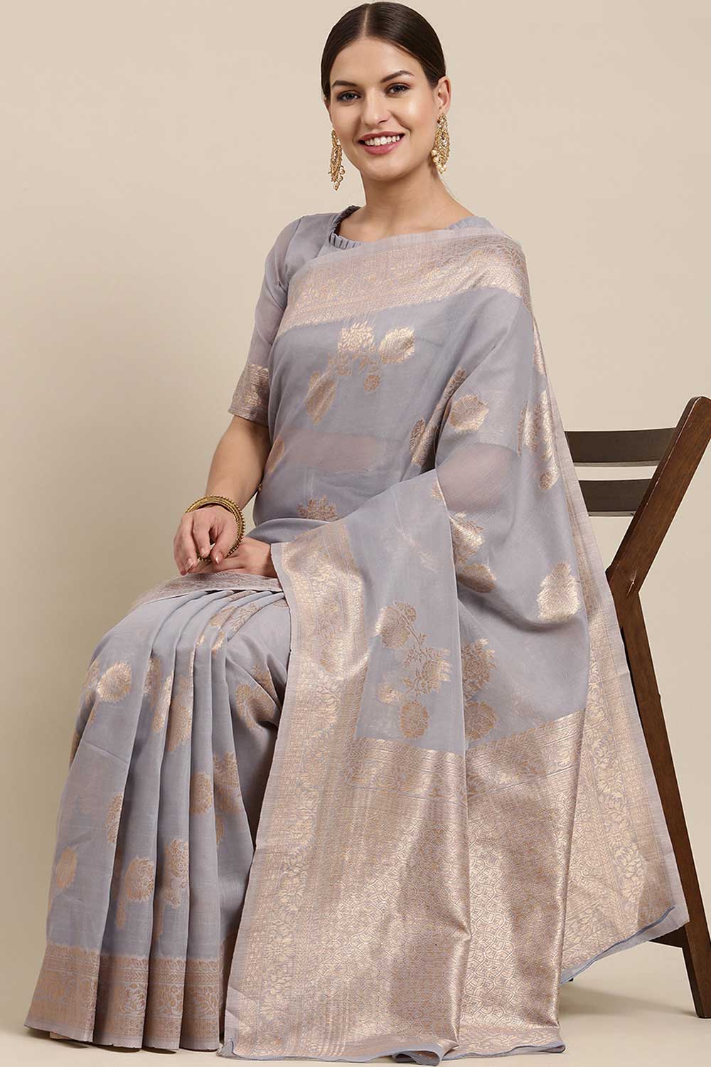 Buy Zoya Grey Floral Woven Blended Linen One Minute Saree Online