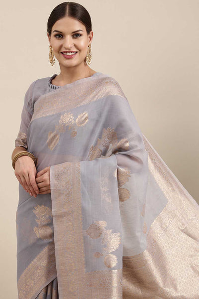 Buy Zoya Grey Floral Woven Blended Linen One Minute Saree Online - Back