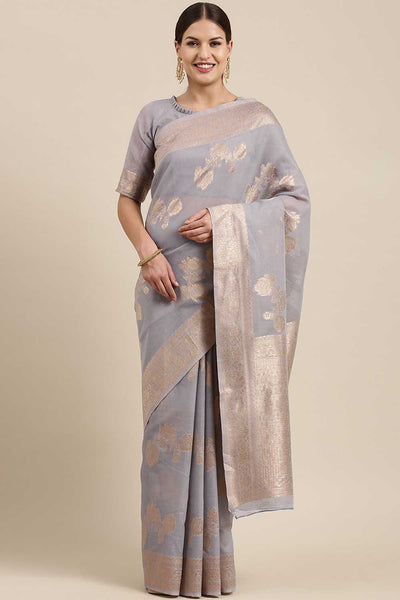 Buy Zoya Grey Floral Woven Blended Linen One Minute Saree Online - One Minute Saree
