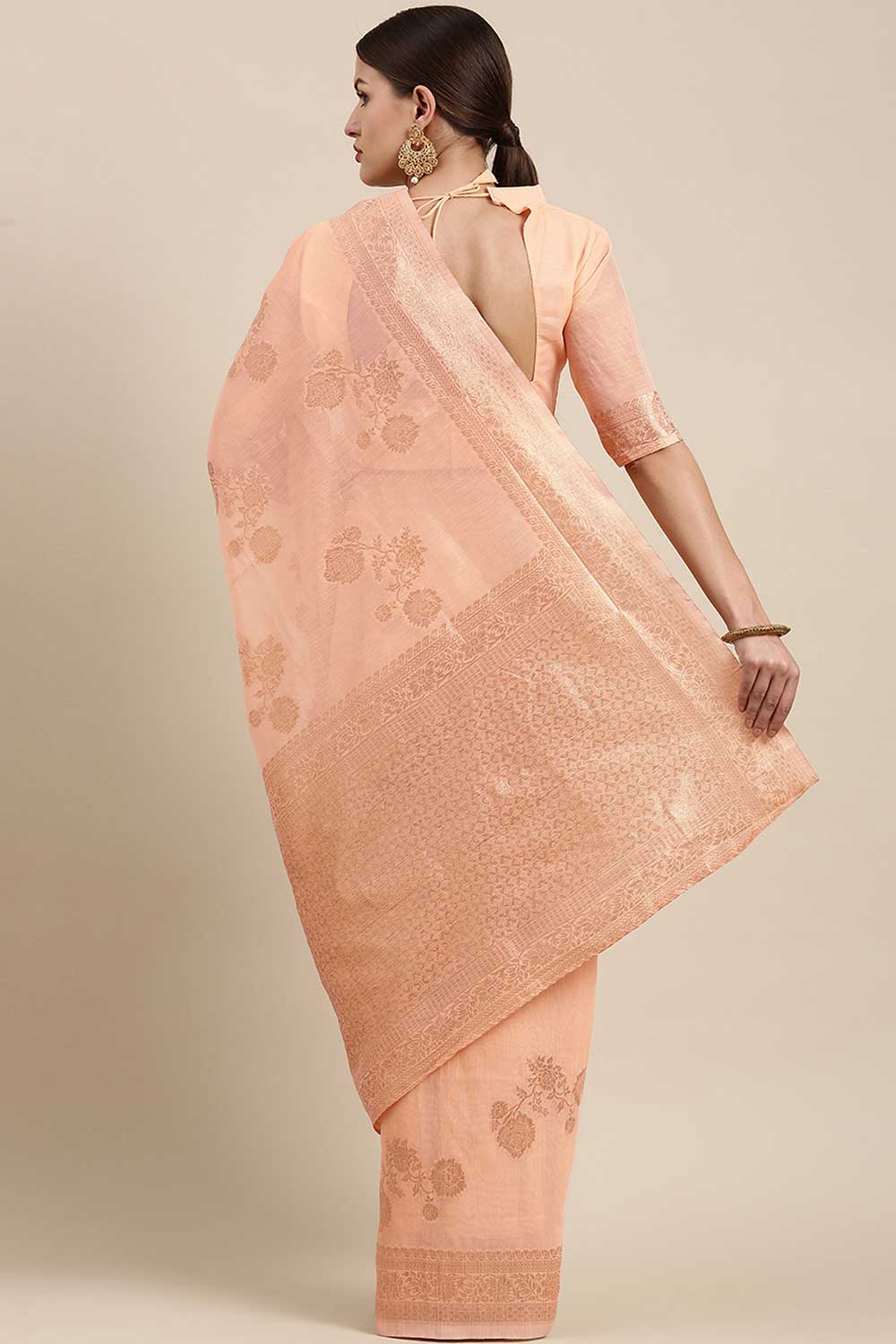 Shop Mirai Peach Floral Woven Blended Linen One Minute Saree at best offer at our  Store - One Minute Saree