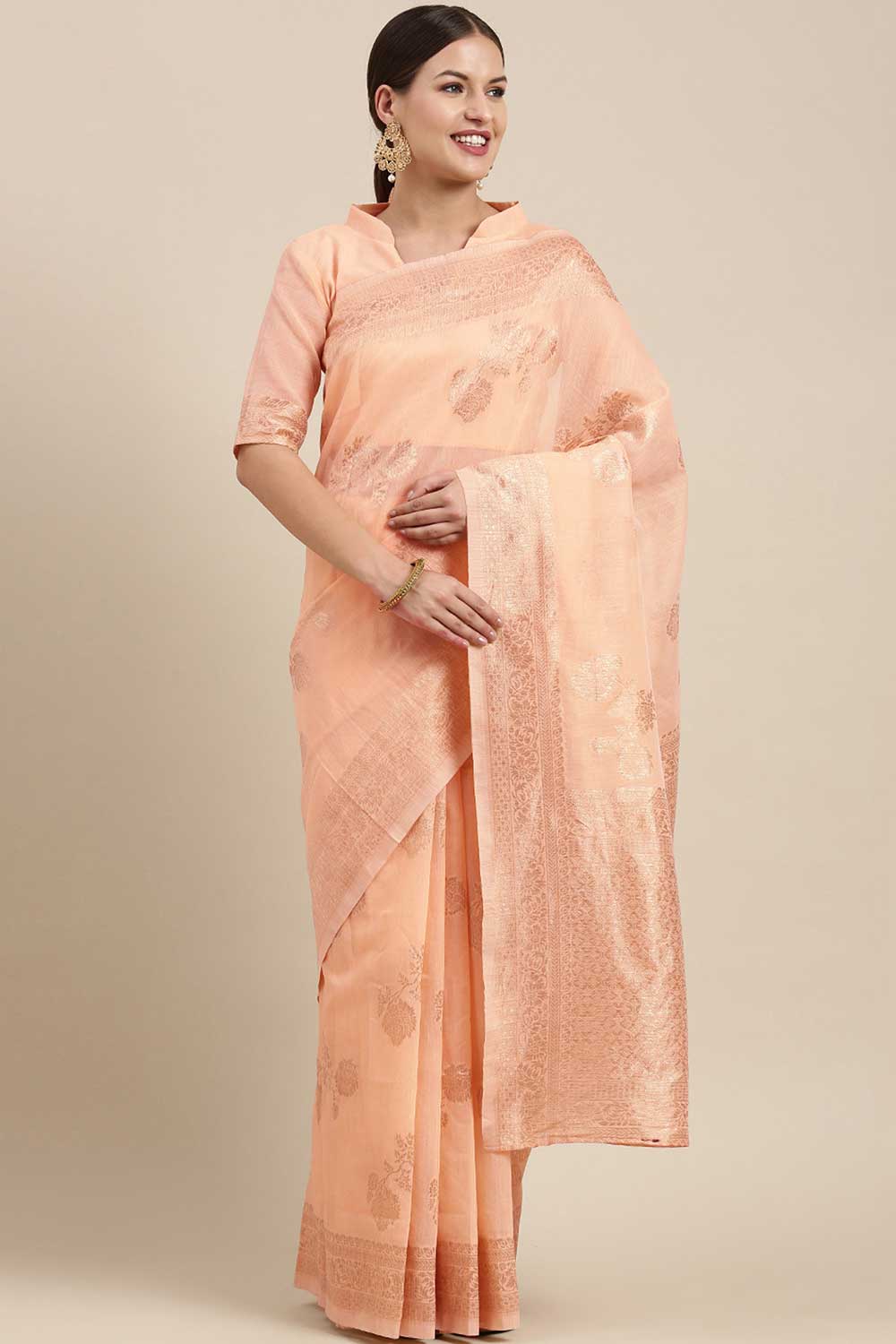 Buy Mirai Peach Floral Woven Blended Linen One Minute Saree Online