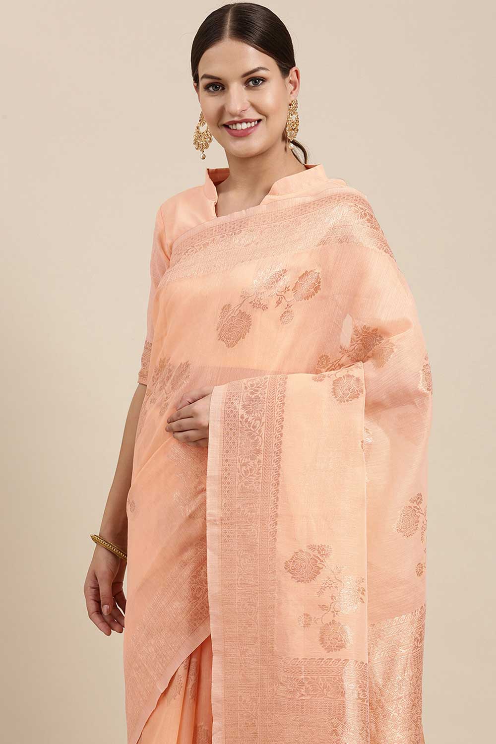 Buy Mirai Peach Floral Woven Blended Linen One Minute Saree Online - Back