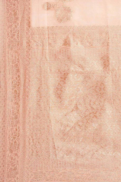 Buy Mirai Peach Floral Woven Blended Linen One Minute Saree Online - Front