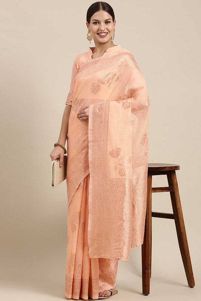 Buy Mirai Peach Floral Woven Blended Linen One Minute Saree Online - One Minute Saree