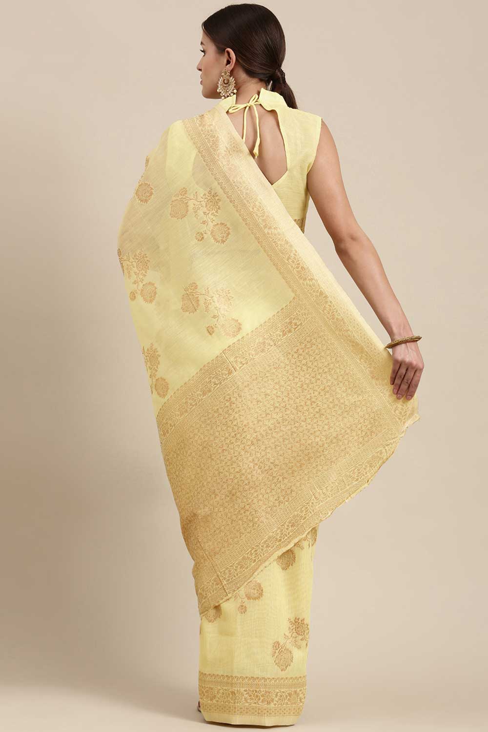 Shop Lori Lemon Yellow Floral Woven Blended Linen One Minute Saree at best offer at our  Store - One Minute Saree