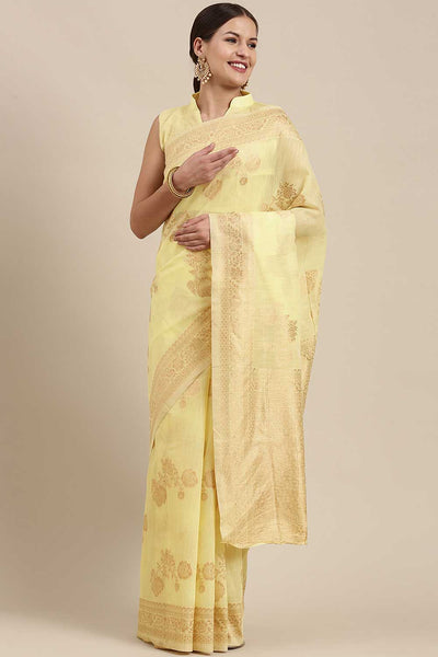 Buy Lori Lemon Yellow Floral Woven Blended Linen One Minute Saree Online