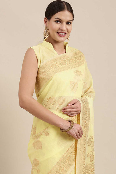 Buy Lori Lemon Yellow Floral Woven Blended Linen One Minute Saree Online - Back