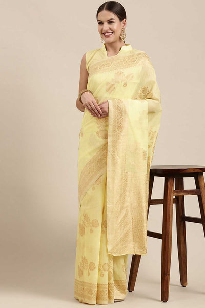 Buy Lori Lemon Yellow Floral Woven Blended Linen One Minute Saree Online - One Minute Saree