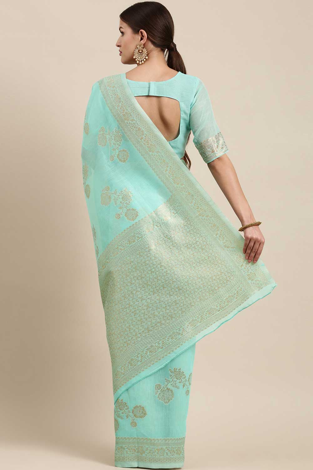 Shop Mogre Sea Green Floral Woven Blended Linen One Minute Saree at best offer at our  Store - One Minute Saree