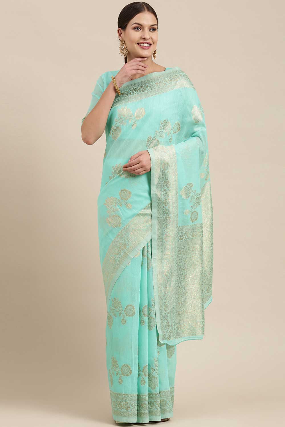 Buy Mogre Sea Green Floral Woven Blended Linen One Minute Saree Online