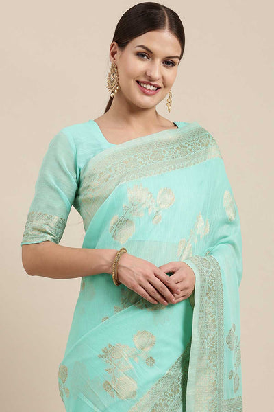 Buy Mogre Sea Green Floral Woven Blended Linen One Minute Saree Online - Back