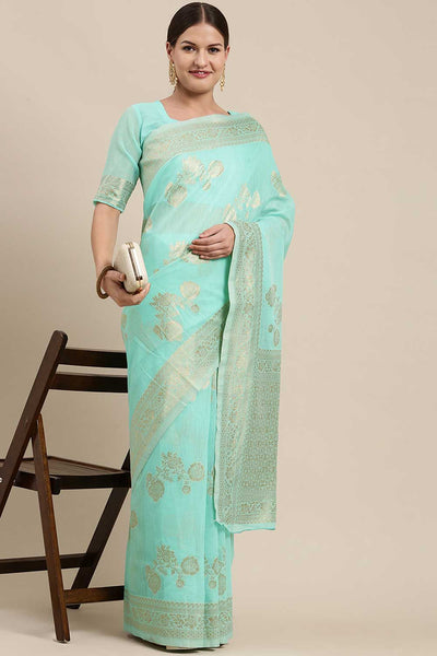 Buy Mogre Sea Green Floral Woven Blended Linen One Minute Saree Online - One Minute Saree