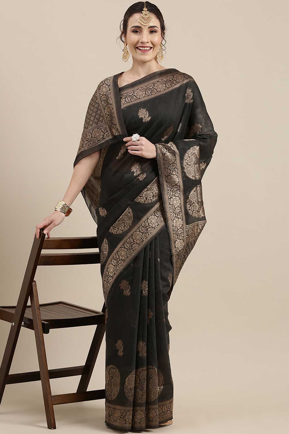 Buy Milan Grey Floral Woven Linen One Minute Saree Online
