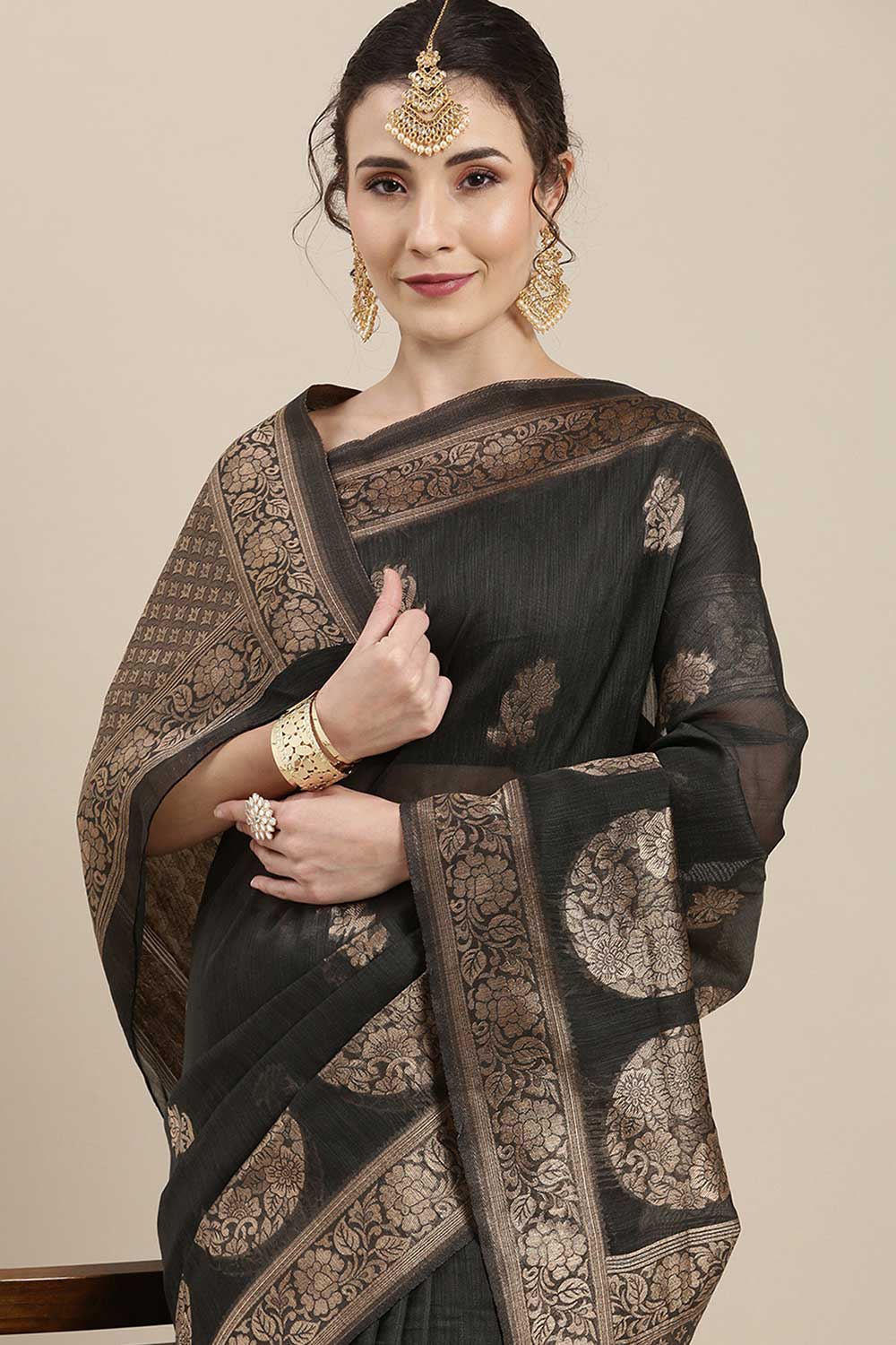 Buy Milan Grey Floral Woven Linen One Minute Saree Online - Back