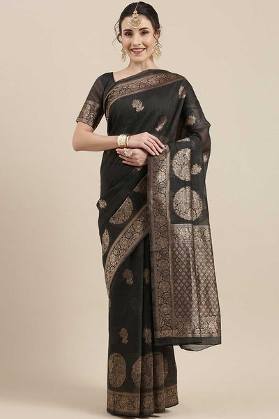 Buy Milan Grey Floral Woven Linen One Minute Saree Online - One Minute Saree