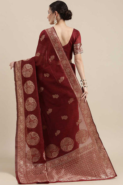 Shop Ilan Burgundy Floral Woven Linen One Minute Saree at best offer at our  Store - One Minute Saree