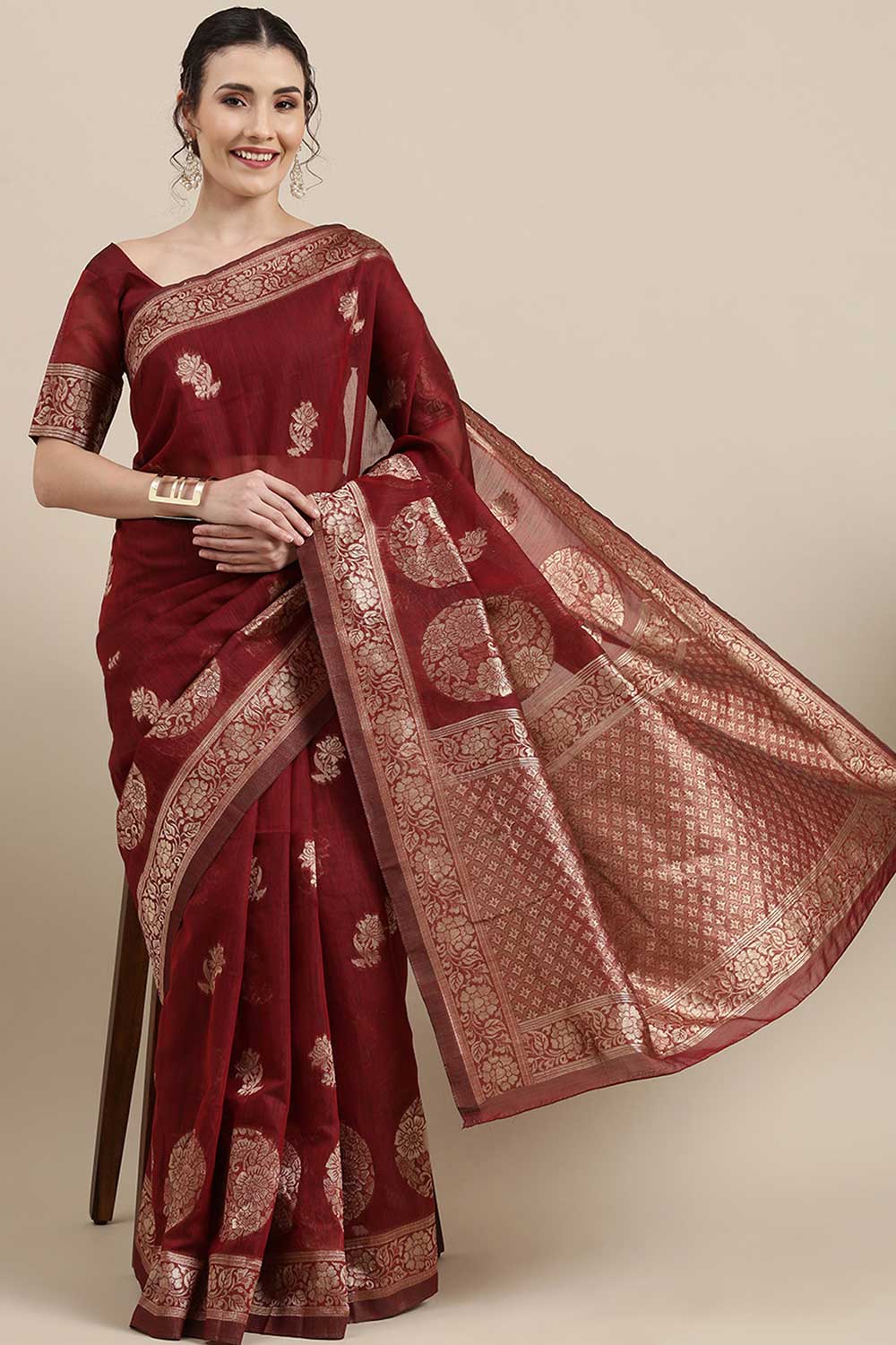 Ilan Maroon Floral Woven Linen One Minute Saree