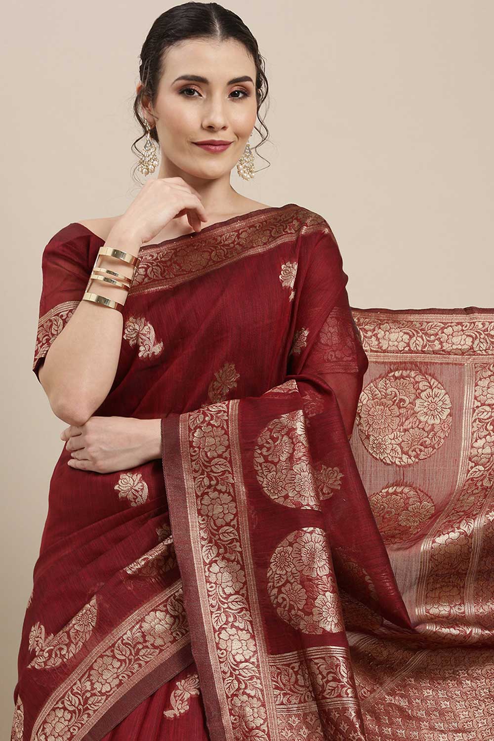 Ilan Maroon Floral Woven Linen One Minute Saree