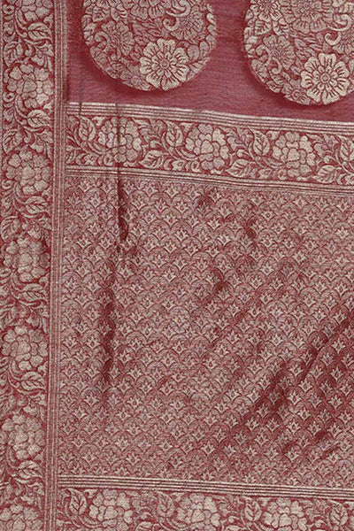 Buy Ilan Burgundy Floral Woven Linen One Minute Saree Online - Front