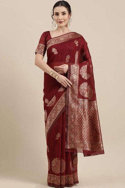 Buy Ilan Burgundy Floral Woven Linen One Minute Saree Online - One Minute Saree