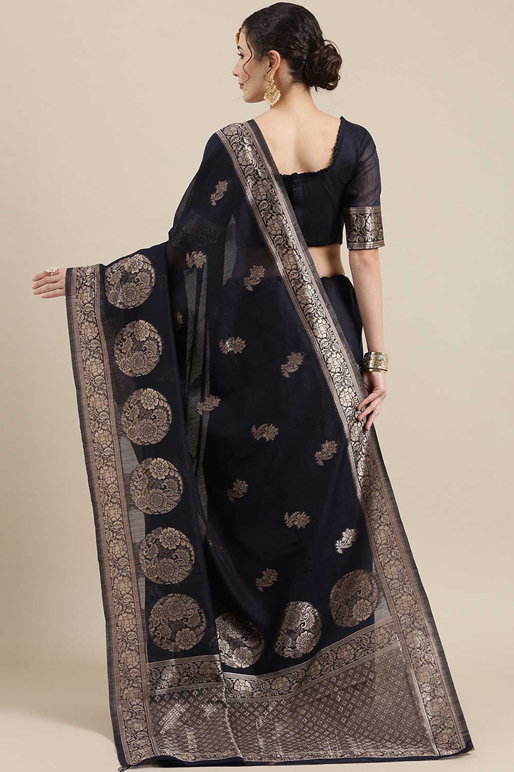 Shop Sony Navy Blue Floral Woven Linen One Minute Saree at best offer at our  Store - One Minute Saree