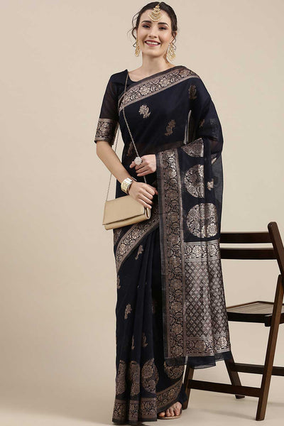 Buy Sony Navy Blue Floral Woven Linen One Minute Saree Online