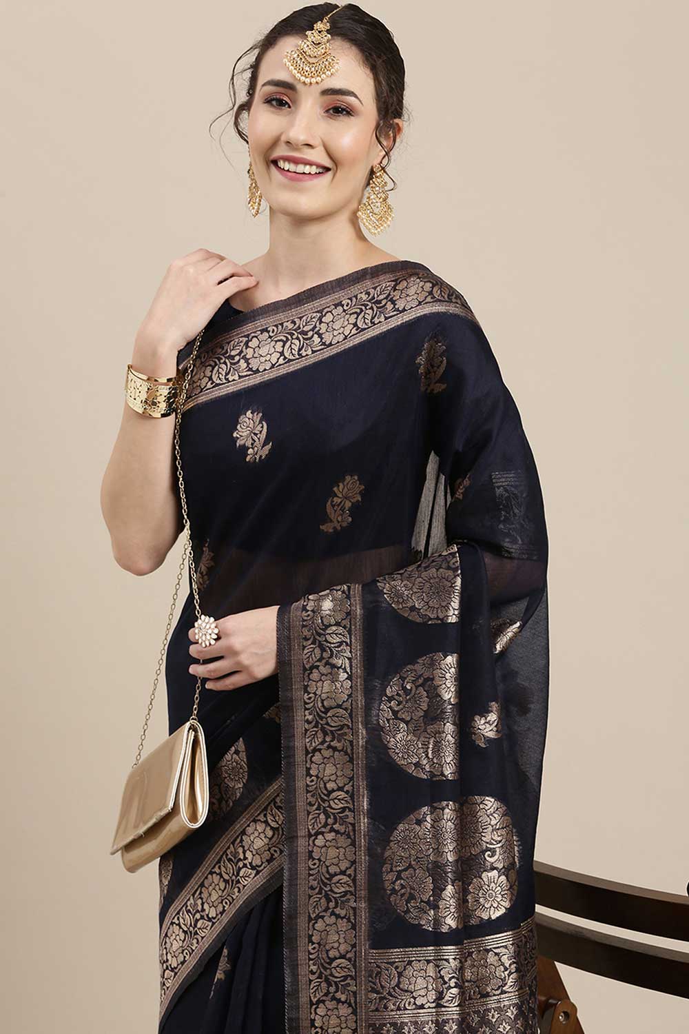 Buy Sony Navy Blue Floral Woven Linen One Minute Saree Online - Back