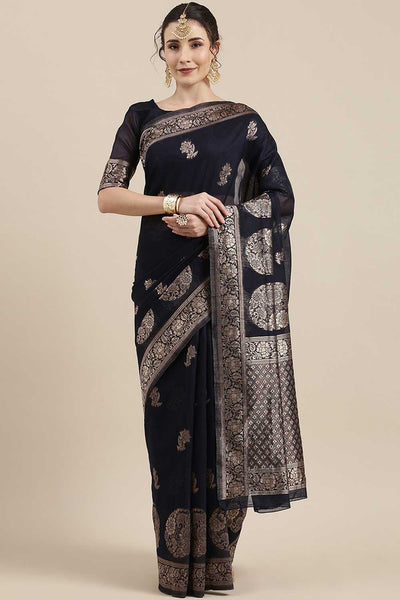 Buy Sony Navy Blue Floral Woven Linen One Minute Saree Online - One Minute Saree