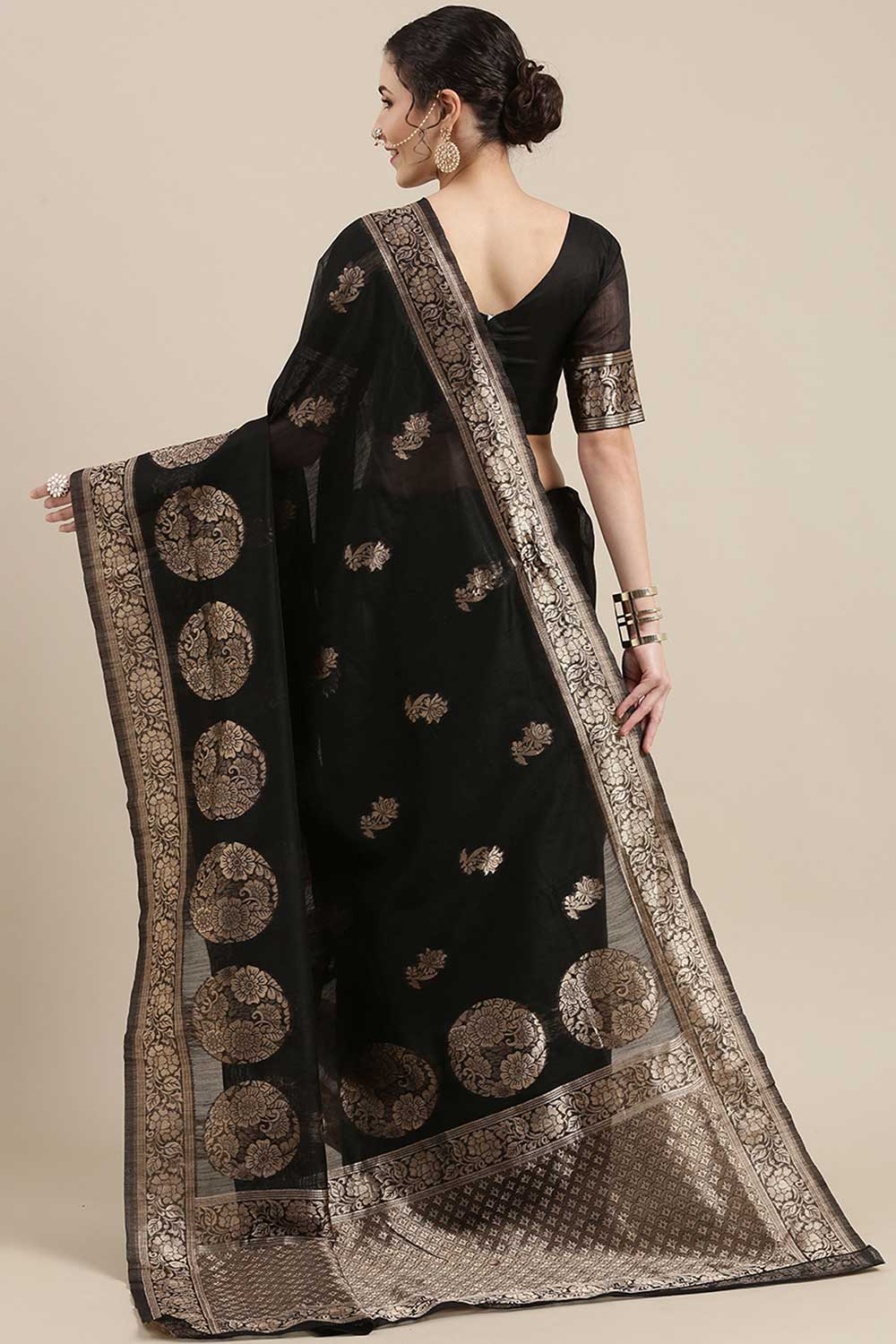 Shop Lavnya Black Floral Woven Linen One Minute Saree at best offer at our  Store - One Minute Saree