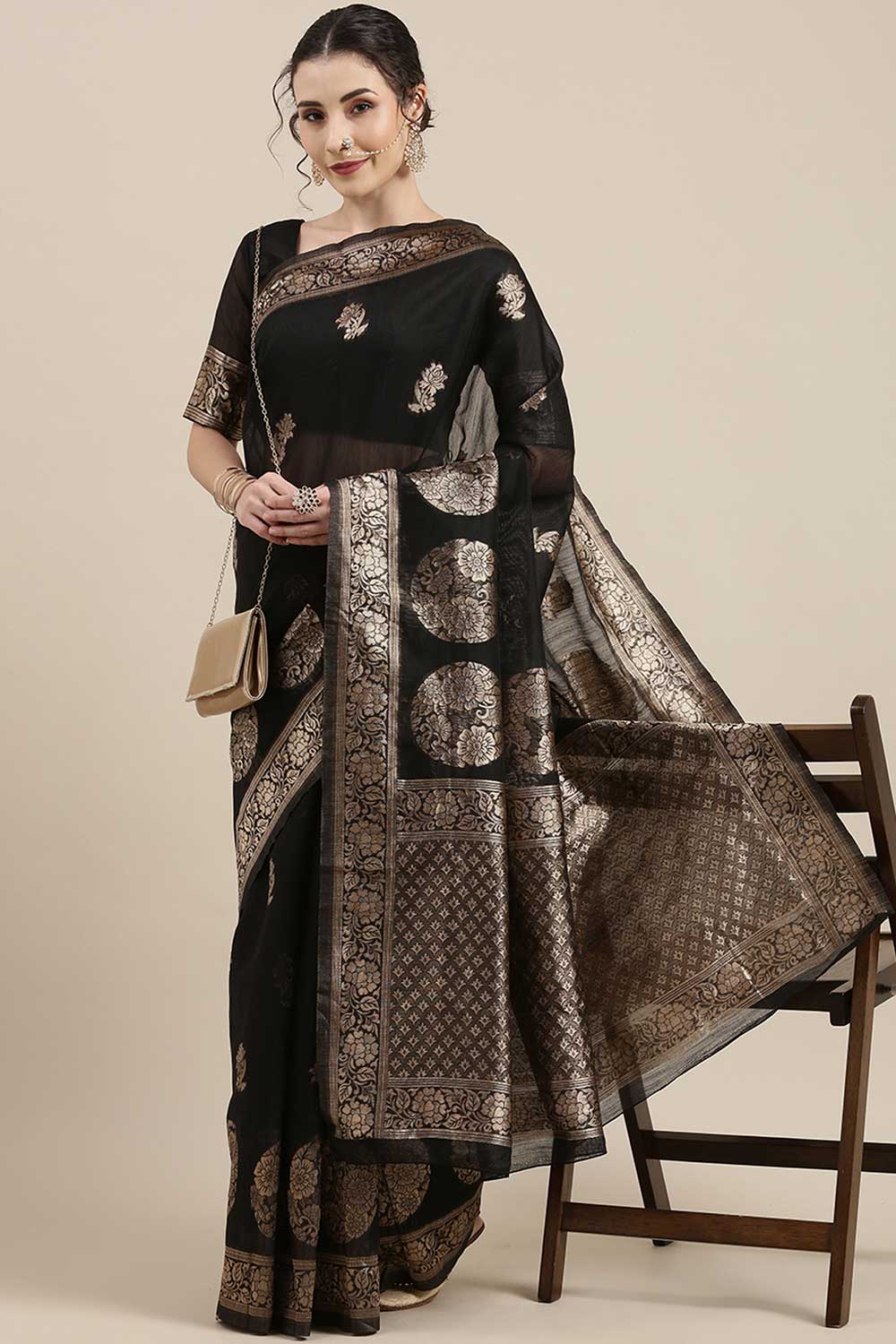 Buy Lavnya Black Floral Woven Linen One Minute Saree Online