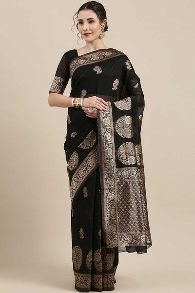 Buy Lavnya Black Floral Woven Linen One Minute Saree Online - One Minute Saree
