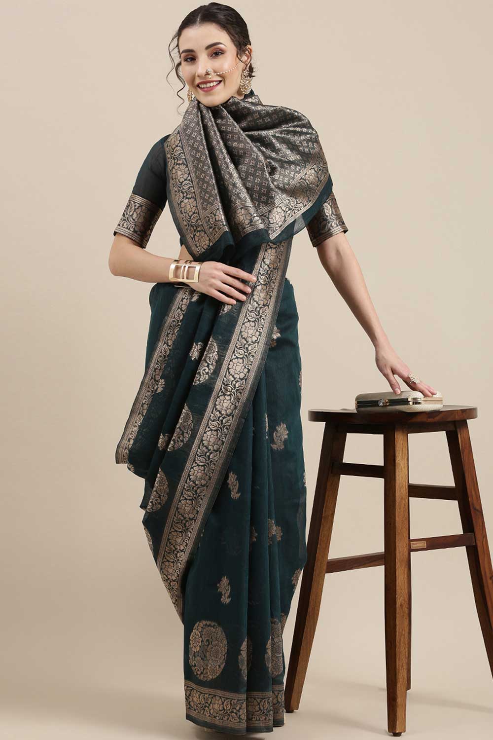 Buy Marisa Green Floral Woven Linen One Minute Saree Online