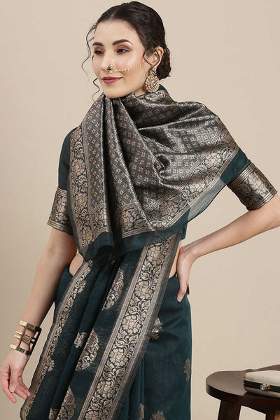 Buy Marisa Green Floral Woven Linen One Minute Saree Online - Back