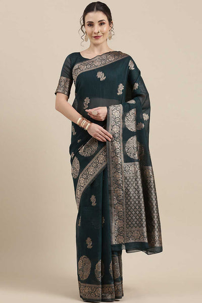 Buy Marisa Green Floral Woven Linen One Minute Saree Online - One Minute Saree