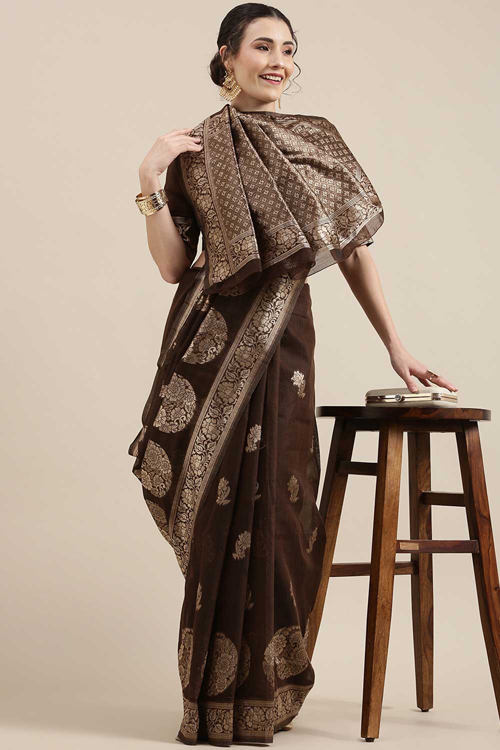 Maya Brown Floral Woven Linen One Minute Saree