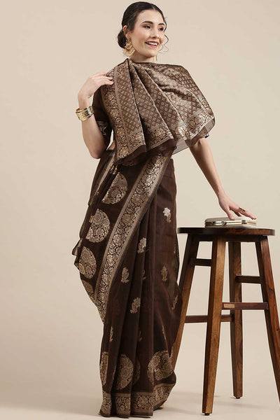 Buy Maya Brown Floral Woven Linen One Minute Saree Online