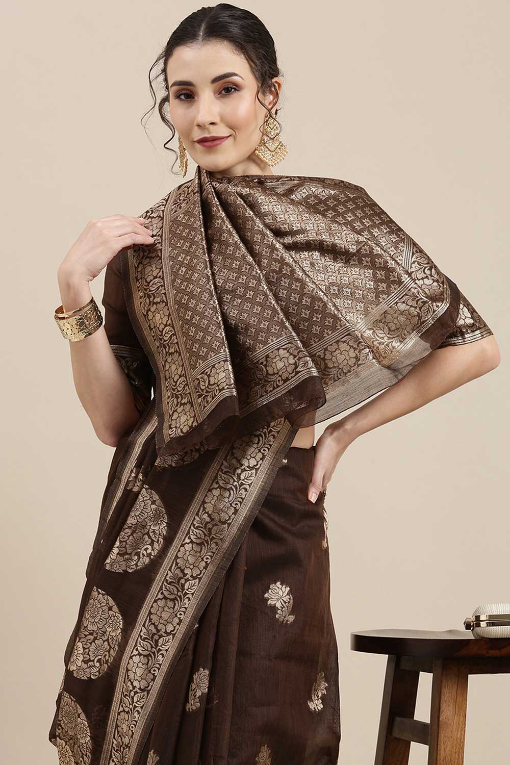 Buy Maya Brown Floral Woven Linen One Minute Saree Online - Back