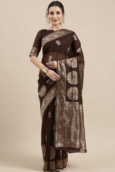 Buy Maya Brown Floral Woven Linen One Minute Saree Online - One Minute Saree